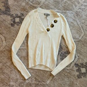 Asos ribbed cream knit v neck top with button detail